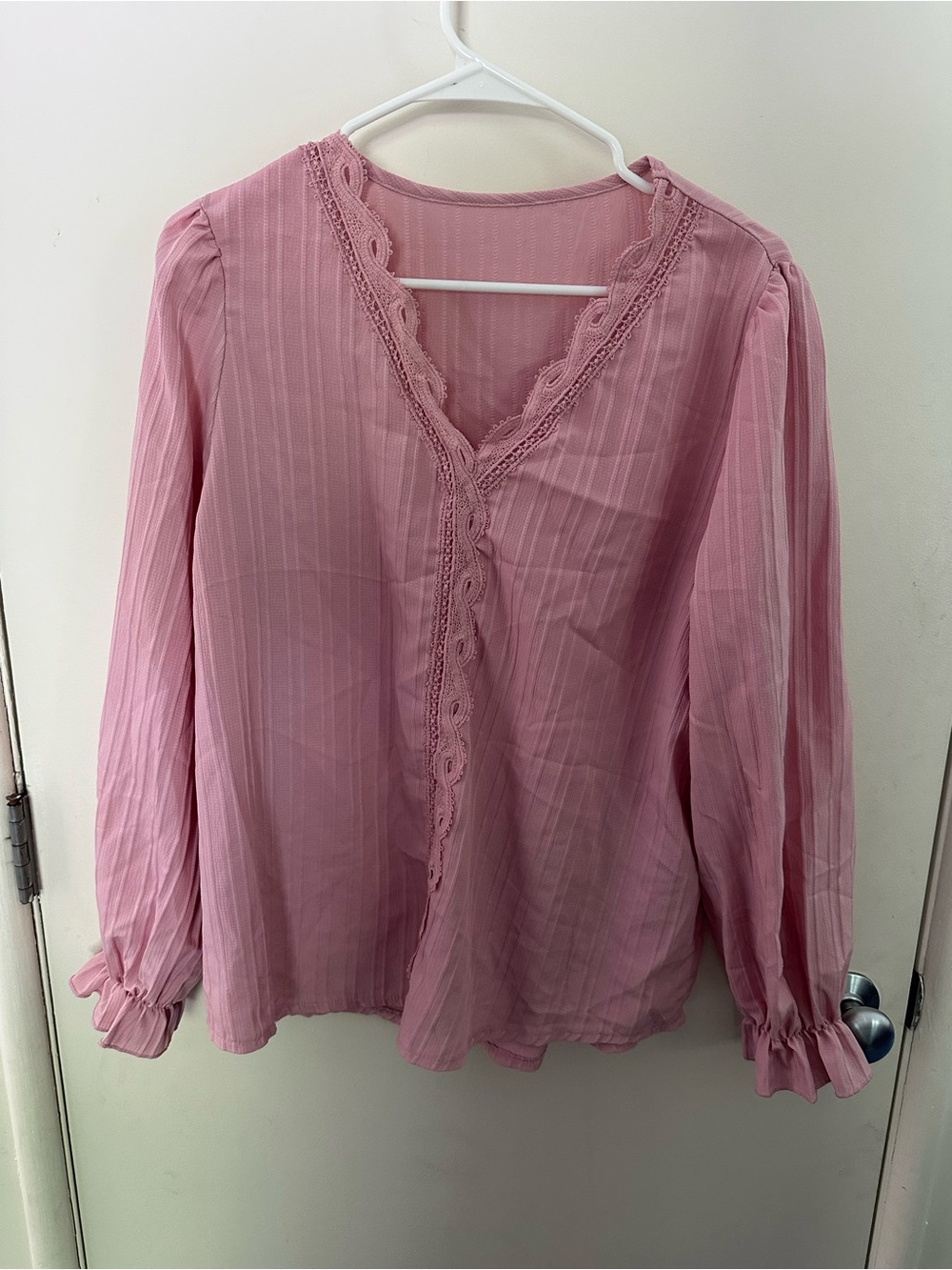 SHEIN Rose Pink Lace-Trim V-Neck Long Sleeve Blouse